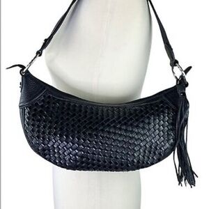 Brighton Black Leather Shoulder Bag with Woven Texture
